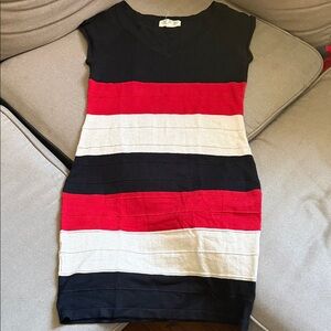 Pink Rose Striped Knit Mini Dress in Black, Red & Cream